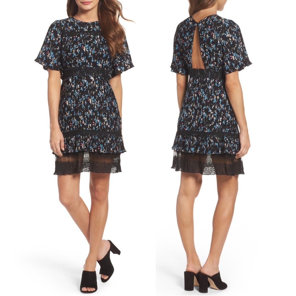 CHELSEA28 Floral Pleated Lace Cutout Dress Black Purple Blue White XS